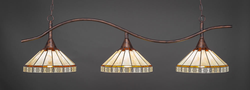 Swoop 3 Light Billiard Light Shown In Bronze Finish With 15" Honey & Brown Mission Tiffany Glass