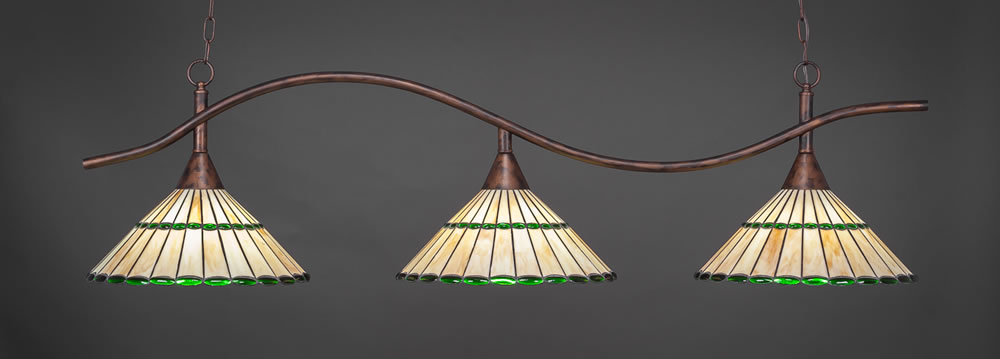 Swoop 3 Light Billiard Light Shown In Bronze Finish With 15.5" Honey Glass & Green Tiffany Glass