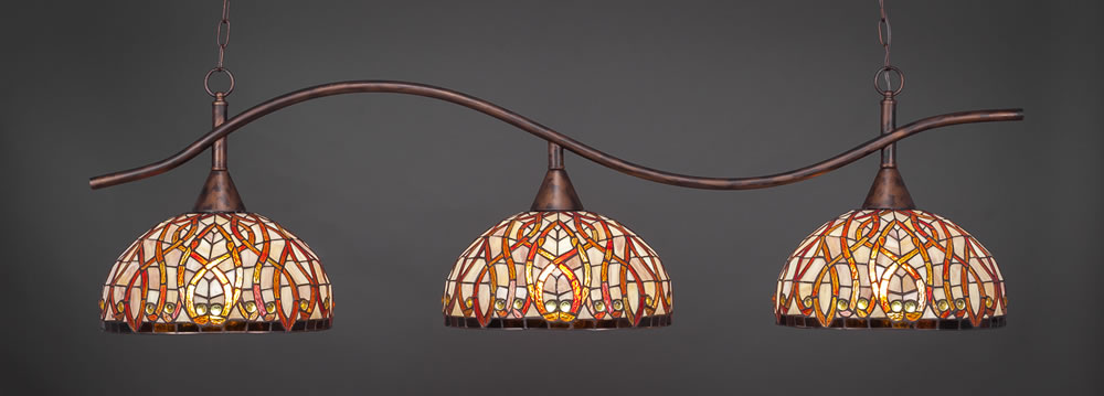 Swoop 3 Light Billiard Light Shown In Bronze Finish With 15" Persian Nites Tiffany Glass