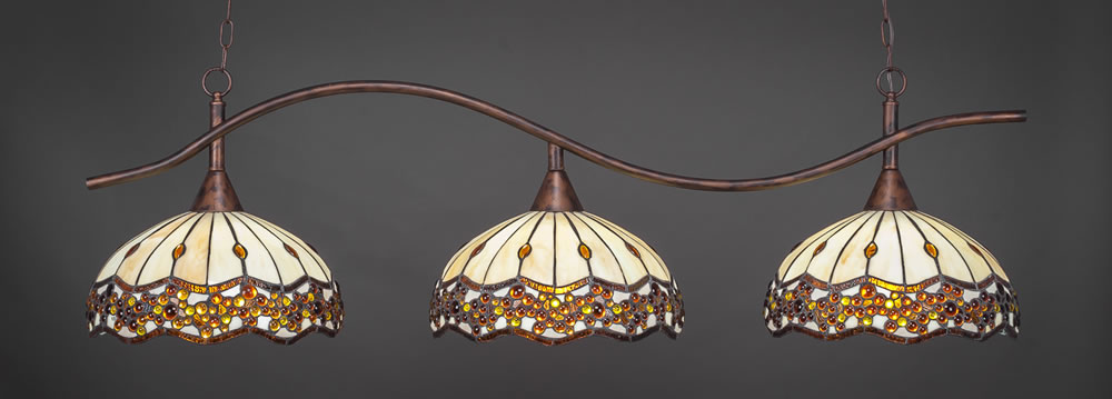 Swoop 3 Light Billiard Light Shown In Bronze Finish With 16" Roman Jewel Tiffany Glass