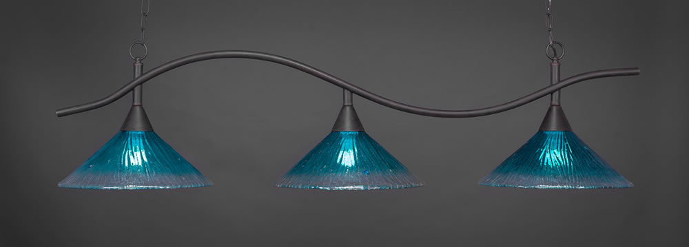 Swoop 3 Light Billiard Light Shown In Dark Granite Finish With 16" Teal Crystal Glass