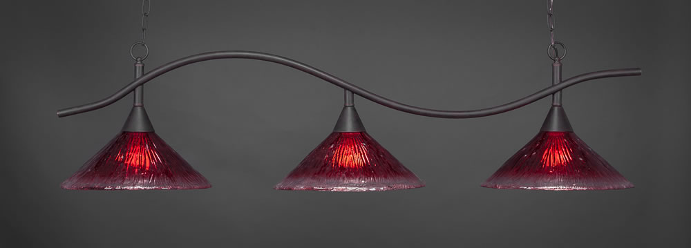 Swoop 3 Light Billiard Light Shown In Dark Granite Finish With 16" Raspberry Crystal Glass