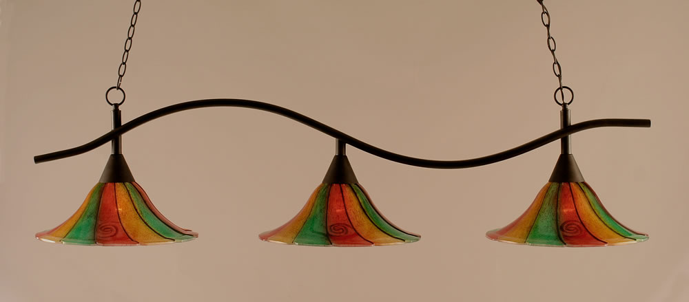 Swoop 3 Light Billiard Light Shown In Dark Granite Finish With 16" Mardi Gras Glass