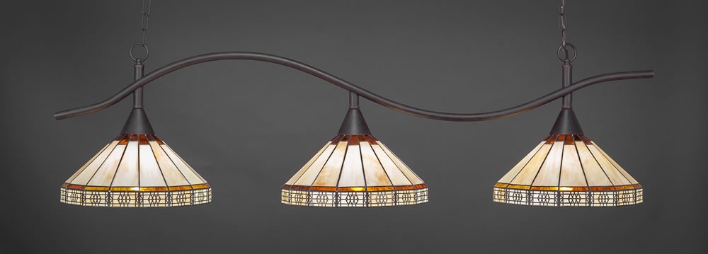 Swoop 3 Light Billiard Light Shown In Dark Granite Finish With 15" Honey & Brown Mission Tiffany Glass