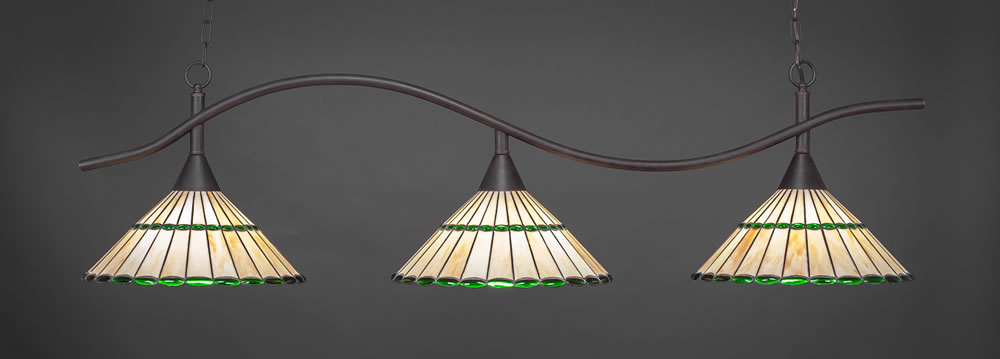 Swoop 3 Light Billiard Light Shown In Dark Granite Finish With 15.5" Honey Glass & Green Jewels Tiffany Glass