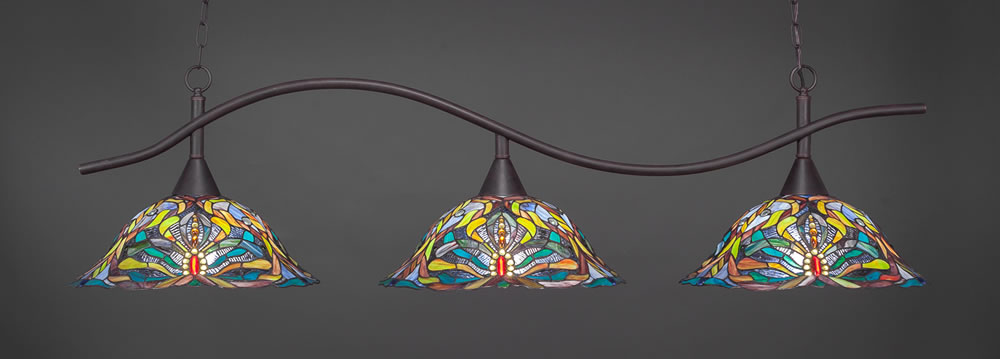 Swoop 3 Light Billiard Light Shown In Dark Granite Finish With 19" Kaleidoscope Tiffany Glass