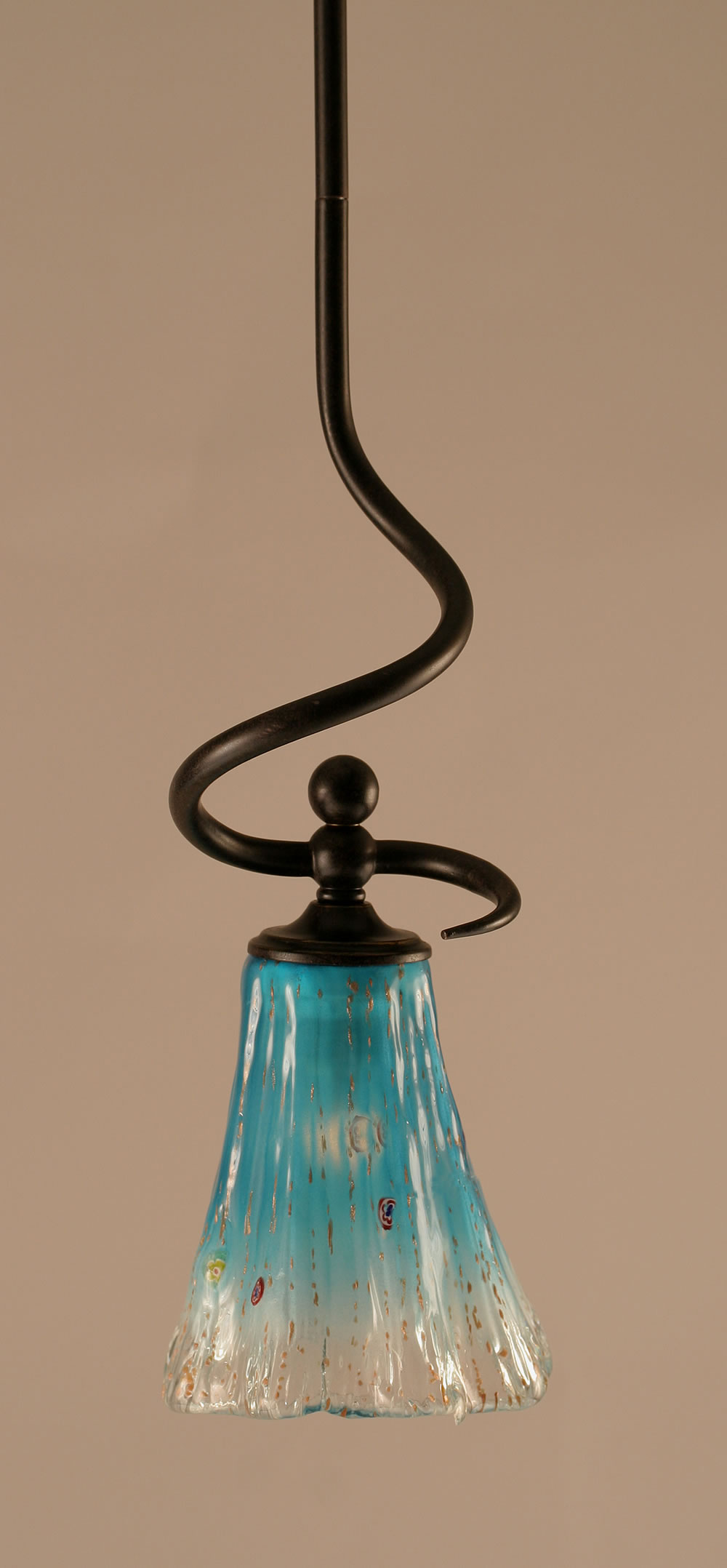 Capri Stem Mini Pendant With Hang Straight Swivel Shown In Dark Granite Finish With 5.5" Fluted Teal Crystal Glass