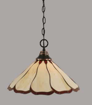 Chain Hung Pendant Shown In Black Copper Finish With 16" Honey & Burgundy Flair Tiffany Glass