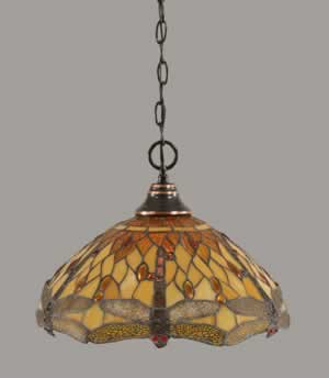 Chain Hung Pendant Shown In Black Copper Finish With 16" Amber Dragonfly Tiffany Glass