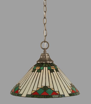 Chain Hung Pendant Shown In Brushed Nickel Finish With 15" Green Sunray Tiffany Glass