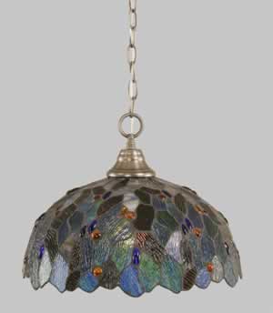 Chain Hung Pendant Shown In Brushed Nickel Finish With 16" Blue Mosaic Tiffany Glass