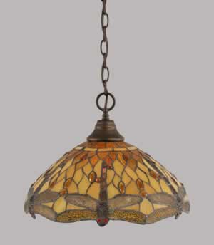 Chain Hung Pendant Shown In Bronze Finish With 16" Amber Dragonfly Tiffany Glass
