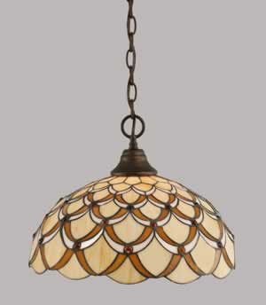 Chain Hung Pendant Shown In Bronze Finish With 16" Honey & Brown Scallop Tiffany Glass