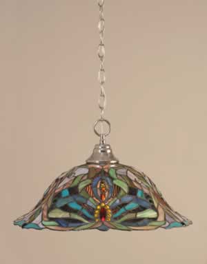Chain Hung Pendant Shown In Chrome Finish With 19" Kaleidoscope Tiffany Glass
