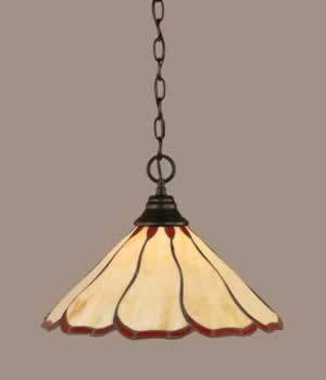 Chain Hung Pendant Shown In Matte Black Finish With 16" Honey & Burgundy Flair Tiffany Glass