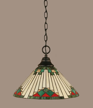 Chain Hung Pendant Shown In Matte Black Finish With 15" Green Sunray Tiffany Glass