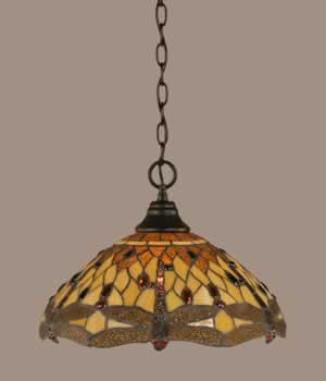 Chain Hung Pendant Shown In Matte Black Finish With 16" Amber Dragonfly Tiffany Glass