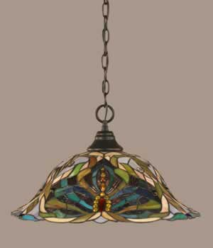 Chain Hung Pendant Shown In Matte Black Finish With 19" Kaleidoscope Tiffany Glass
