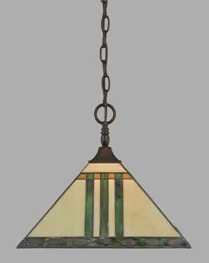 Chain Hung Pendant Shown In Bronze Finish With 14" Green & Metal Leaf Tiffany Glass