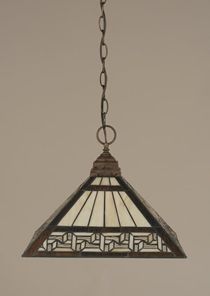 Chain Hung Pendant Shown In Bronze Finish With 14" Greek Key Tiffany Glass