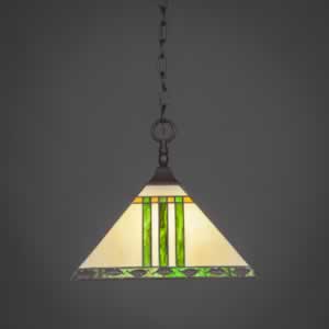 Chain Hung Pendant With Square Fitter Shown In Dark Granite Finish With 14" Green & Metal Leaf Tiffany Glass