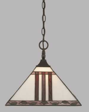 Chain Hung Pendant With Square Fitter Shown In Dark Granite Finish With 14" Purple & Metal Leaf Tiffany Glass