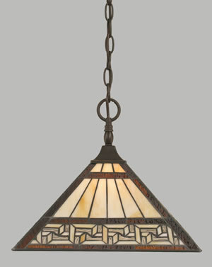 Chain Hung Pendant With Square Fitter Shown In Dark Granite Finish With 14" Greek Key Tiffany Glass
