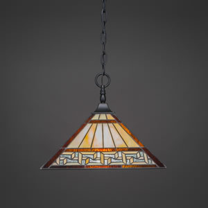 Chain Hung Pendant With Square Fitter Shown In Matte Black Finish With 14" Greek Key Tiffany Glass