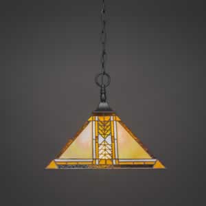 Chain Hung Pendant With Square Fitter Shown In Matte Black Finish With 14" Santa Cruz Tiffany Glass