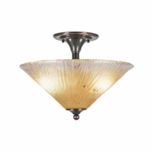 Semi-Flush with 3 Bulbs Shown In Black Copper Finish With 16" Amber Crystal Glass