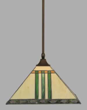 Stem Hung Pendant With Square Fitter And Hang Straight Swivel Shown In Bronze Finish With 14" Green & Metal Leaf Tiffany Glass