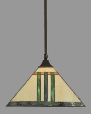 Stem Hung Pendant With Square Fitter And Hang Straight Swivel Shown In Dark Granite Finish With 14" Green & Metal Leaf Tiffany Glass