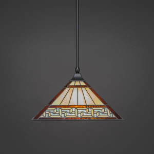 Stem Hung Pendant With Square Fitter And Hang Straight Swivel Shown In Matte Black Finish With 14" Greek Key Tiffany Glass