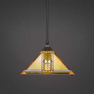 Stem Hung Pendant With Square Fitter And Hang Straight Swivel Shown In Matte Black Finish With 14" Santa Cruz Tiffany Glass