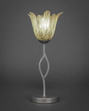 Revo Mini Table Lamp Shown in Aged Silver Finish With 7" Vanilla Leaf Glass