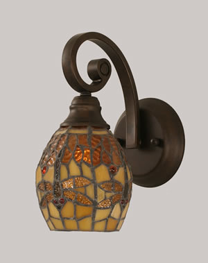Curl Wall Sconce Shown In Bronze Finish With 5.5" Amber Dragonfly Tiffany Glass