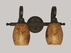 Curl 2 Light Bath Bar Shown In Bronze Finish With 5" Gold Fusion Glass