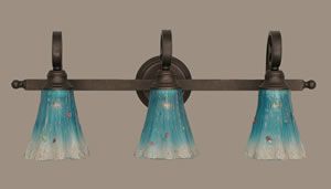 Curl 3 Light Bath Bar Shown In Bronze Finish With 5.5" Teal Crystal Glass