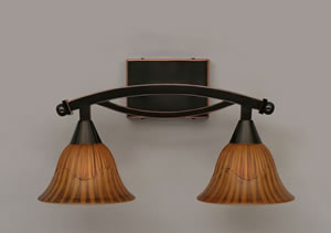 Bow 2 Light Bath Bar Shown In Black Copper Finish With 7" Tiger Glass