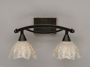 Bow 2 Light Bath Bar Shown In Black Copper Finish With 7" Gold Ice Glass