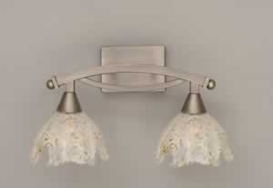 Bow 2 Light Bath Bar Shown In Brushed Nickel Finish With 7" Gold Ice Glass