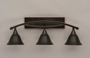 Bow 3 Light Bath Bar Shown In Black Copper Finish with 7" Charcoal Spiral Glass