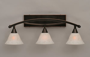 Bow 3 Light Bath Bar Shown In Black Copper Finish with 7" White Marble Glass