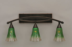 Bow 3 Light Bath Bar Shown In Black Copper Finish with 5.5" Kiwi Green Crystal Glass
