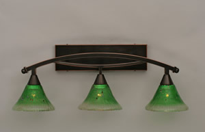 Bow 3 Light Bath Bar Shown In Black Copper Finish with 7" Kiwi Green Crystal Glass