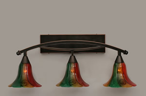 Bow 3 Light Bath Bar Shown In Black Copper Finish with 8" Mardi Gras Glass