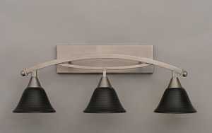 Bow 3 Light Bath Bar Shown In Brushed Nickel Finish with 7" Charcoal Spiral Glass