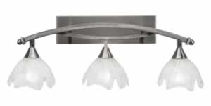 Bow 3 Light Bath Bar Shown In Brushed Nickel Finish with 7" Gold Ice Glass