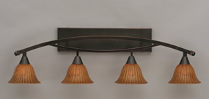 Bow 4 Light Bath Bar Shown In Black Copper Finish with 7" Tiger Glass