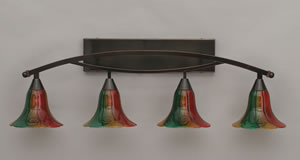 Bow 4 Light Bath Bar Shown In Black Copper Finish with 8" Mardi Gras Glass